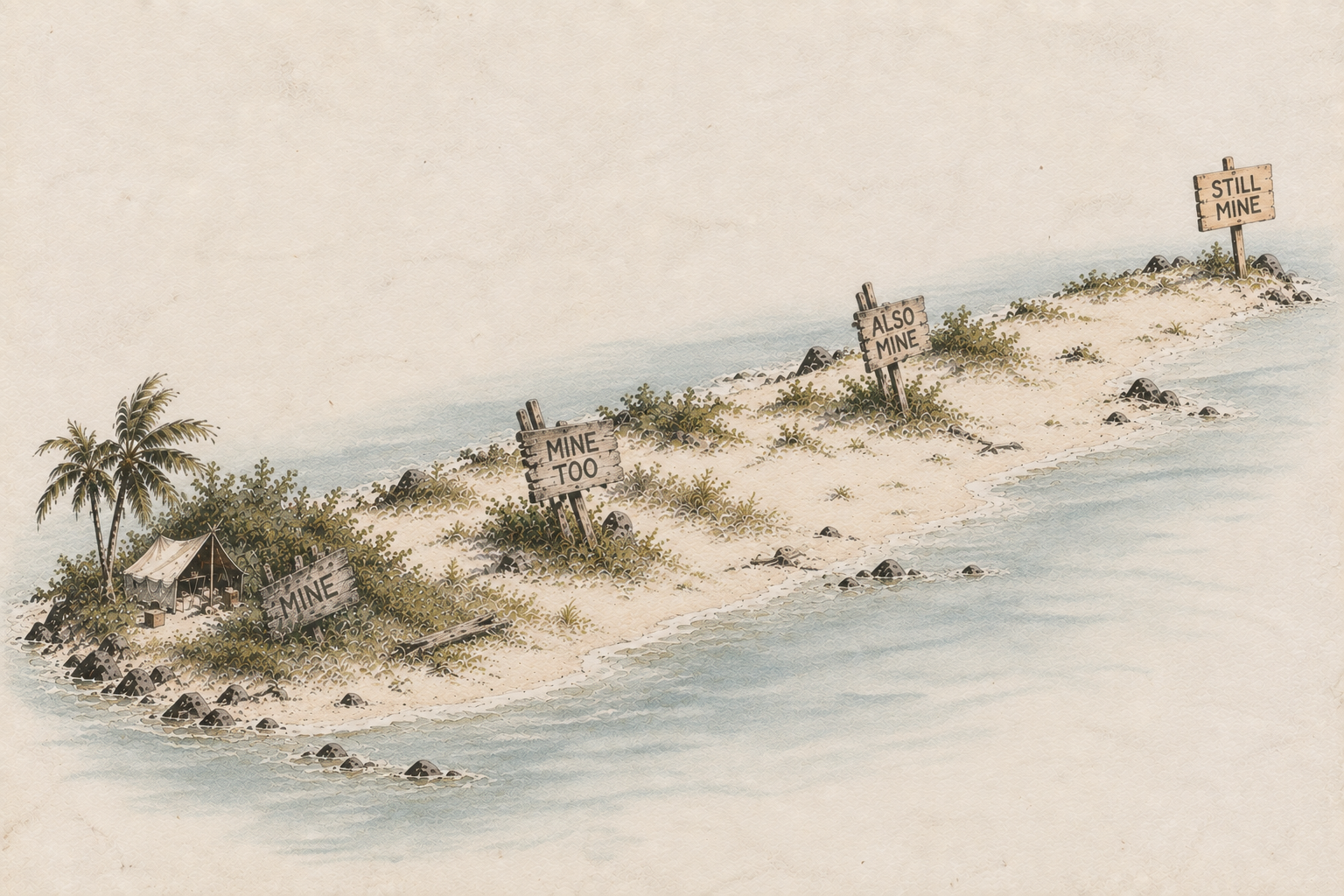 A sparse deserted island with a modest lived area at one end and four ownership signs extending progressively into unused territory: MINE, MINE TOO, ALSO MINE, and STILL MINE.