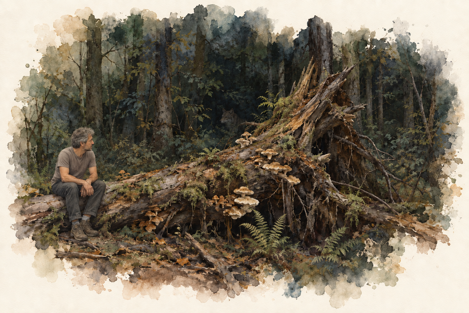 A man sits on a fallen tree covered in mushrooms in a dark forest; a wolf watches him from the central shadows.