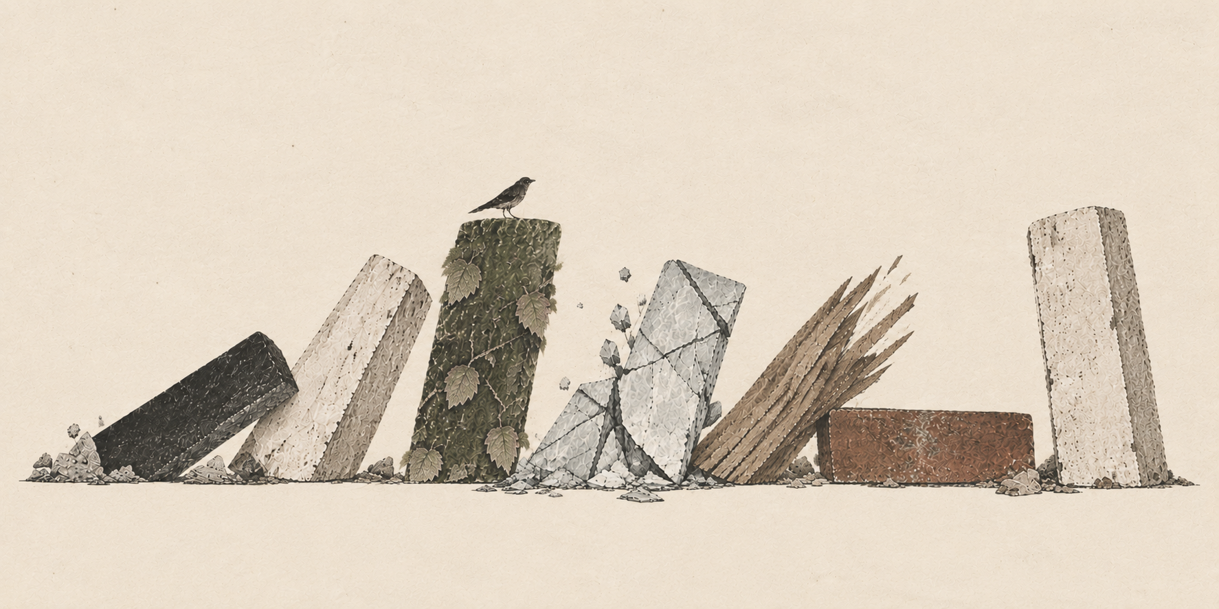 A row of large irregular blocks in different states—some toppled, leaning, fractured or overgrown—with a small bird perched on one block.