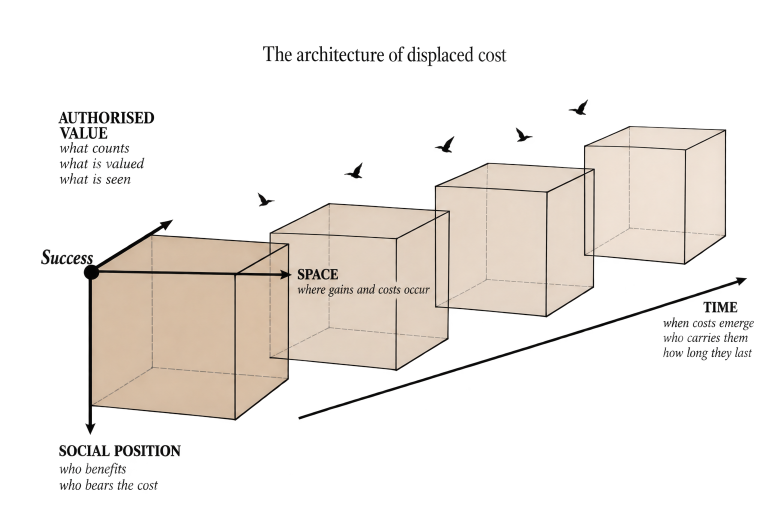 The architecture of displaced cost: Success is the common origin of three analytic axes—space extends right, social position extends downward, and authorised value extends diagonally upward. A separate time axis runs across repeated views of the same cubic field, whose subtle tonal progression suggests passage through time. The figure asks where gains and costs occur, who benefits and who bears the cost, what counts and is valued or seen, and when costs emerge, who carries them and how long they last. The chapter treats the visual SOCIAL POSITION axis as the fuller social position / power dimension.