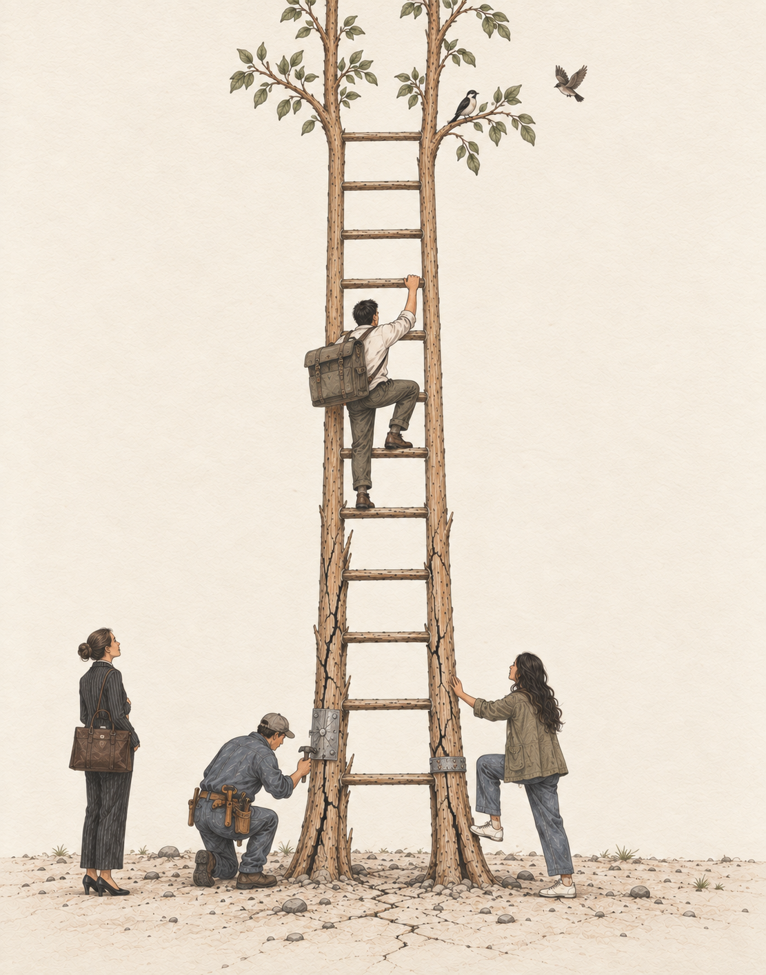 A person climbs a wooden ladder that is cracking and being repaired below while its upper rails grow into living branches; several people stand, repair, or steady the ladder at its base.