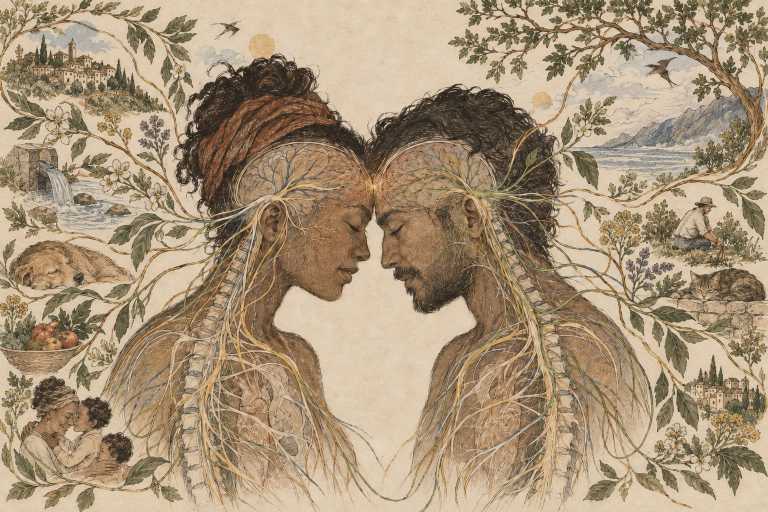 Two brown-skinned adults touch foreheads with visible nervous systems; lines extend outward from their bodies into scenes of care, family, animals, food, work, cultivation, water, trees, birds and ordinary life.