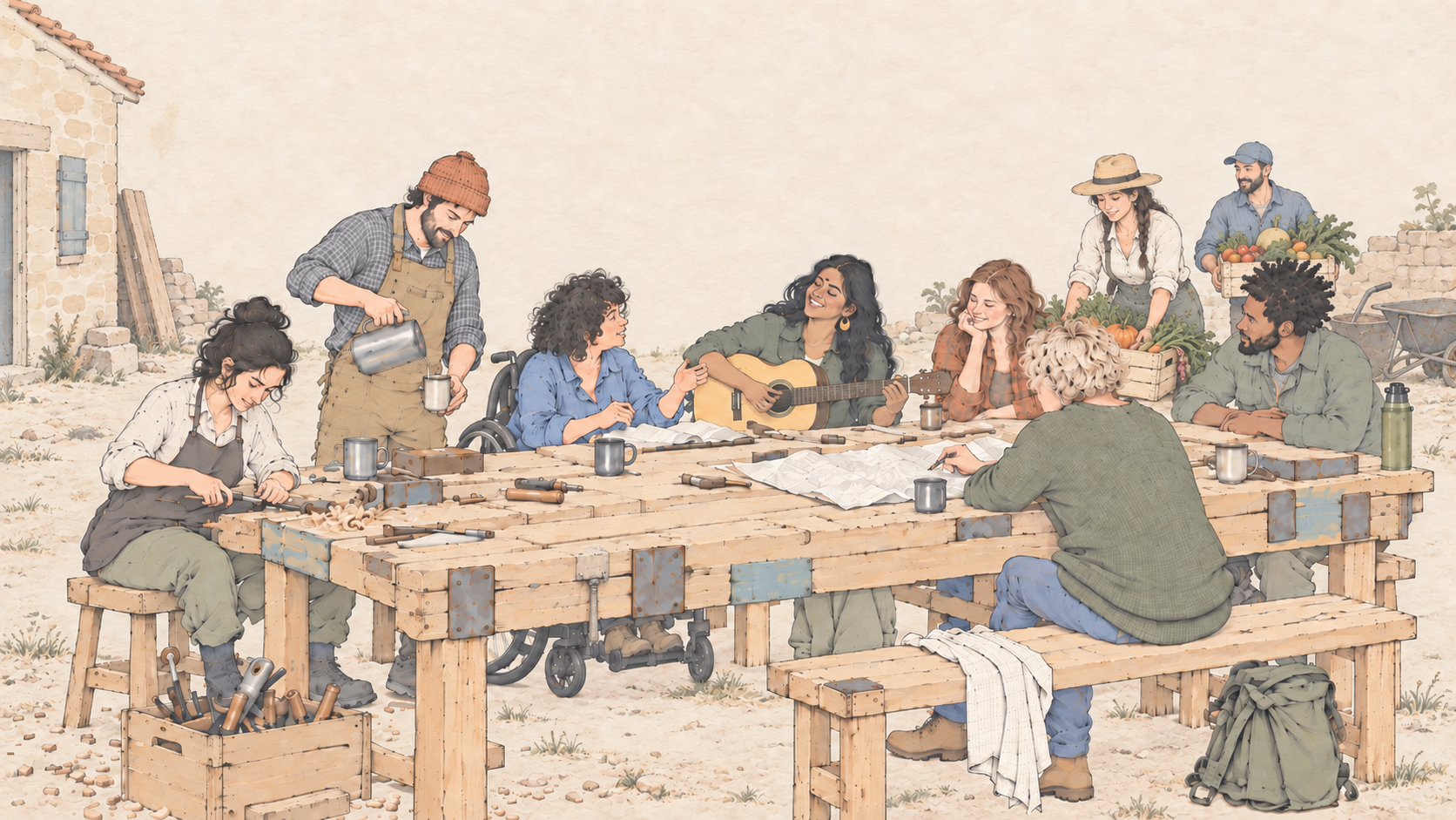 A diverse group of people gather around a large outdoor wooden worktable, building, drawing, sharing food and drink, playing guitar, and gardening together.