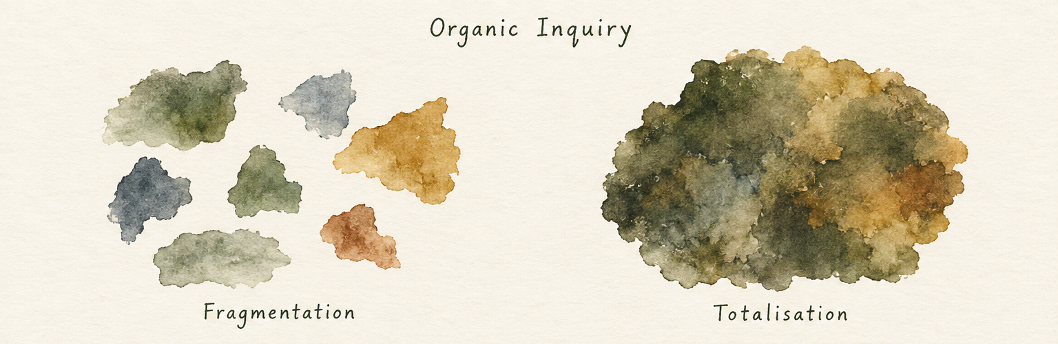 Separate coloured patches at left; a dense overlapping mass at right.