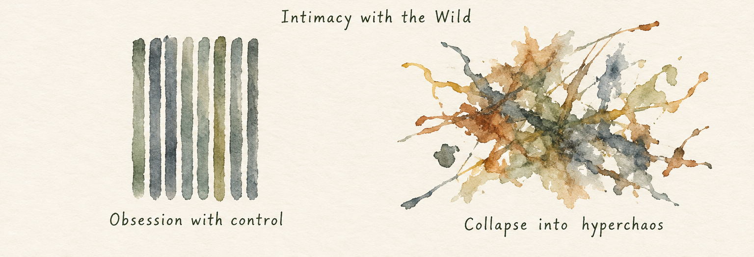 Closely ordered vertical strokes at left; an irregular burst of crossing strokes and splashes at right.