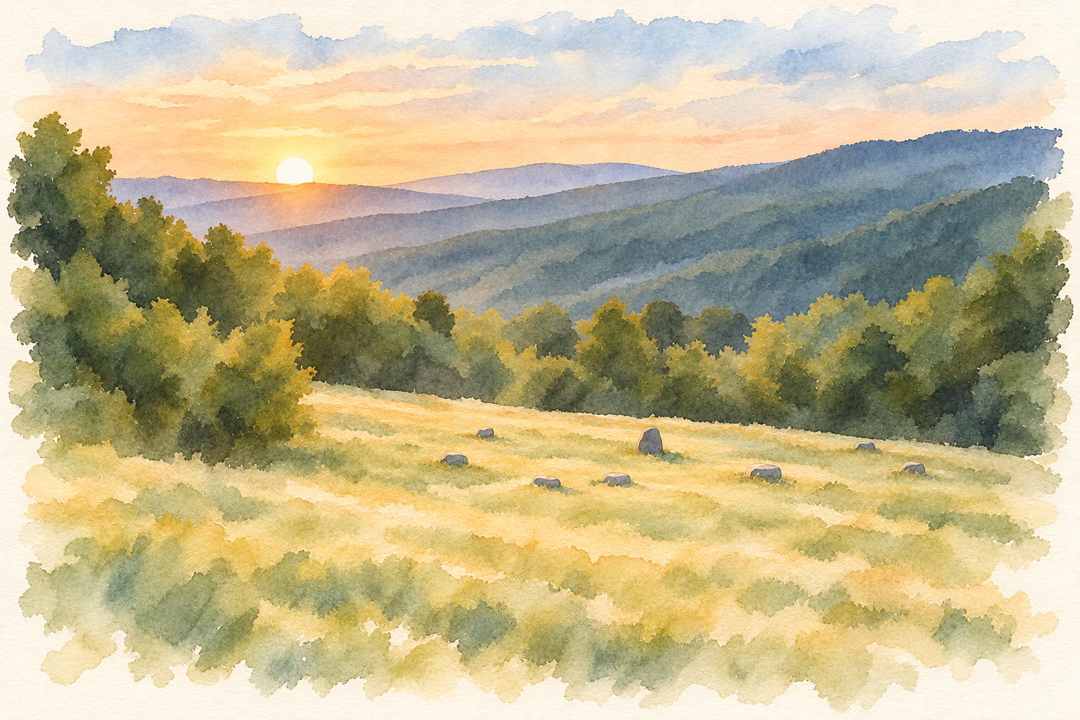 A watercolour of a small stone circle in a grassy clearing, with wooded hills and a low sun beyond.