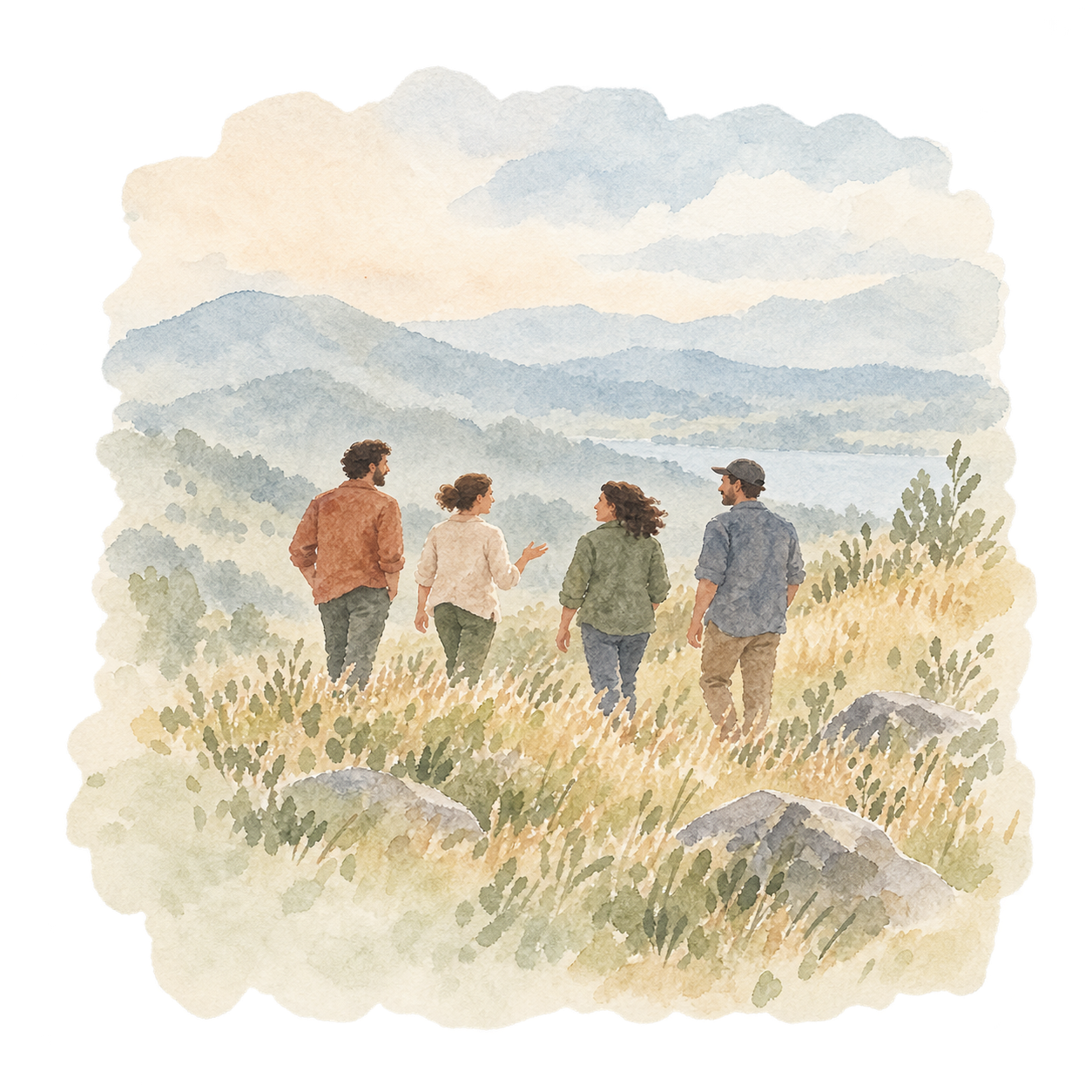 Watercolour of four people walking together through grasses beneath an open sky.