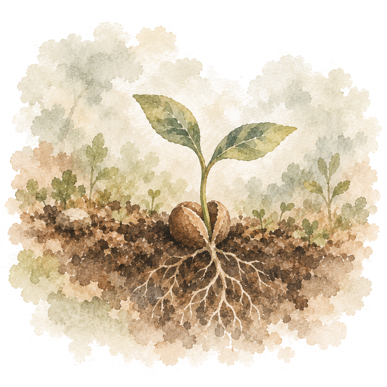 Watercolour of a seedling with two leaves emerging from a split seed, with roots spreading through soil.