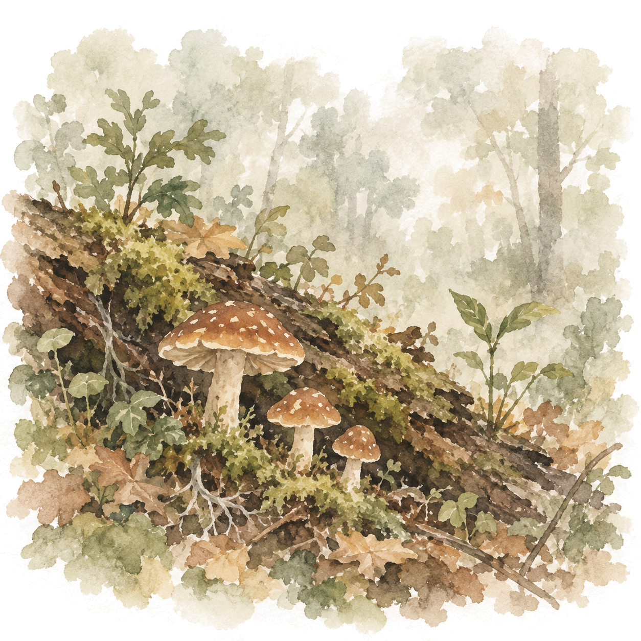 Watercolour of woodland mushrooms growing around decaying wood on a misty forest floor.