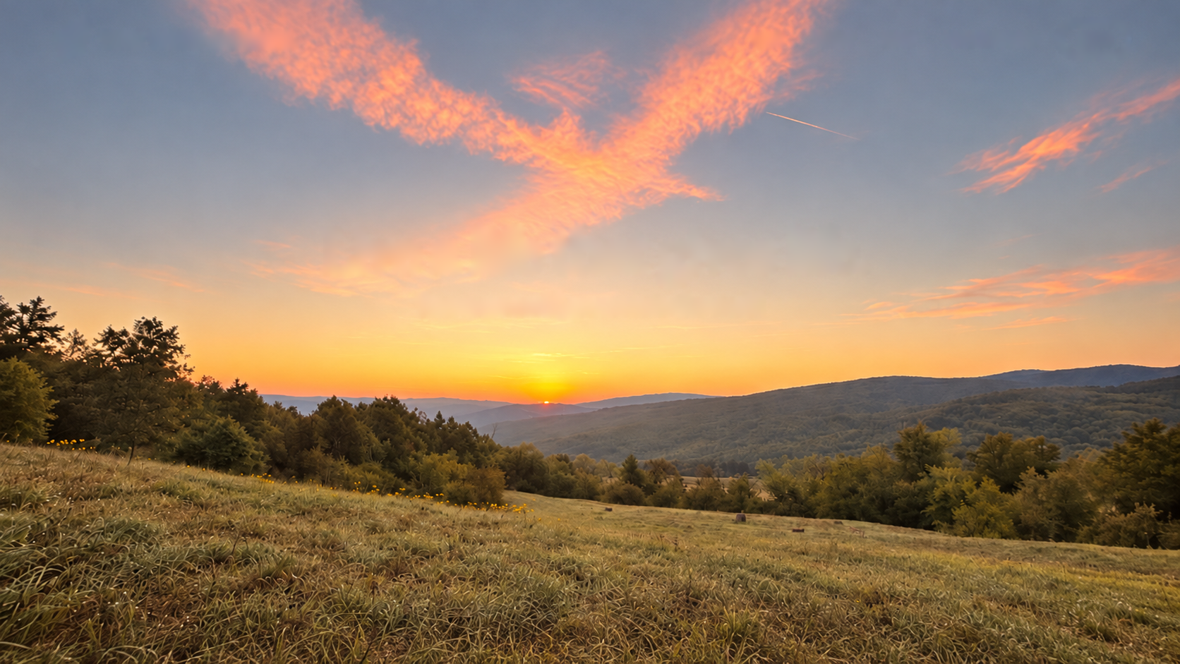 Sunset over a meadow and wooded hills, with an eagle-shaped cloud in the sky.
