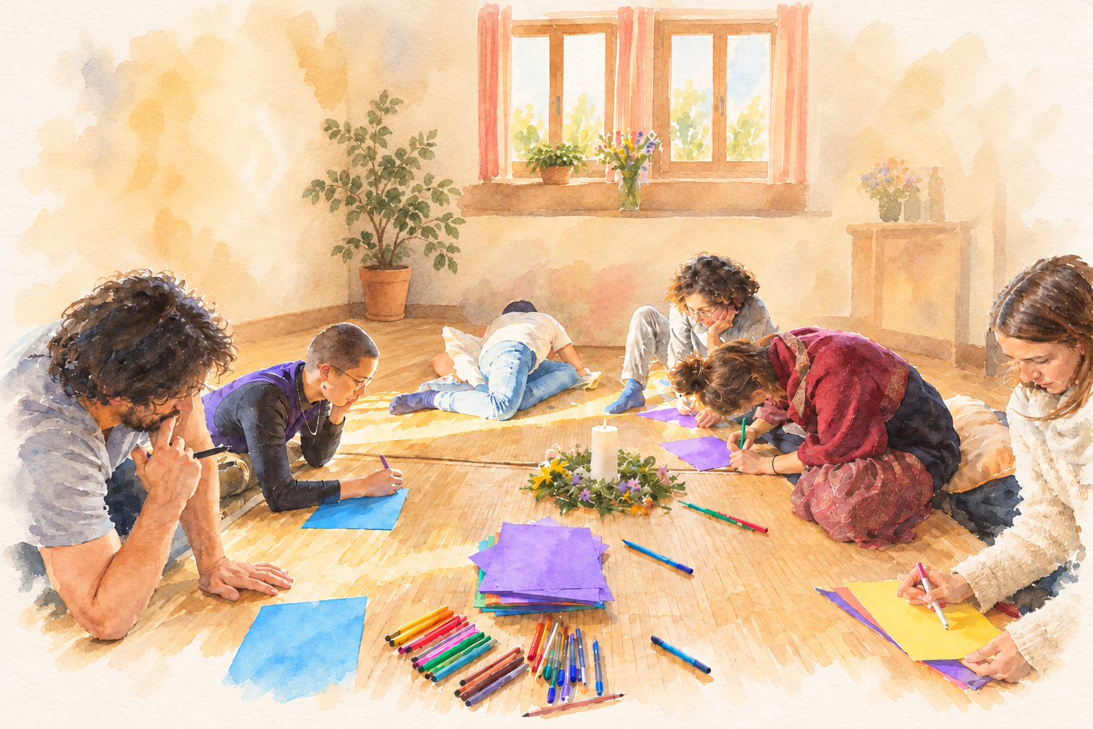 Watercolour of a group writing and drawing on coloured paper while sitting together on a sunlit floor.