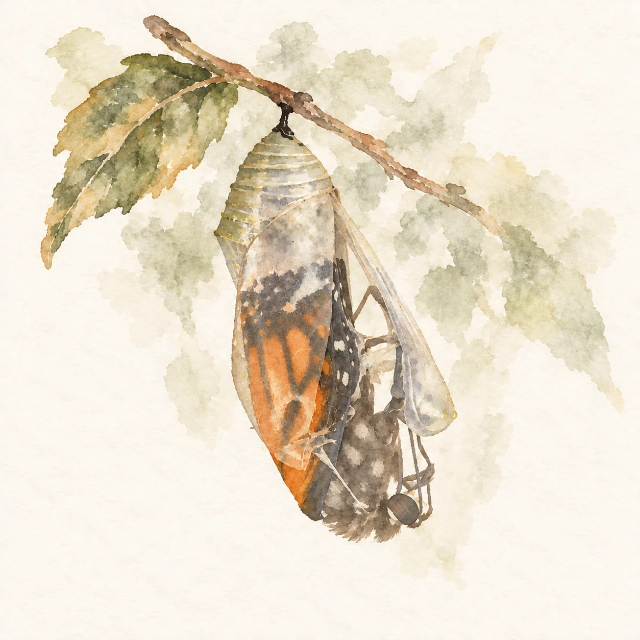 Watercolour of a butterfly emerging from its chrysalis beneath a leafy branch.
