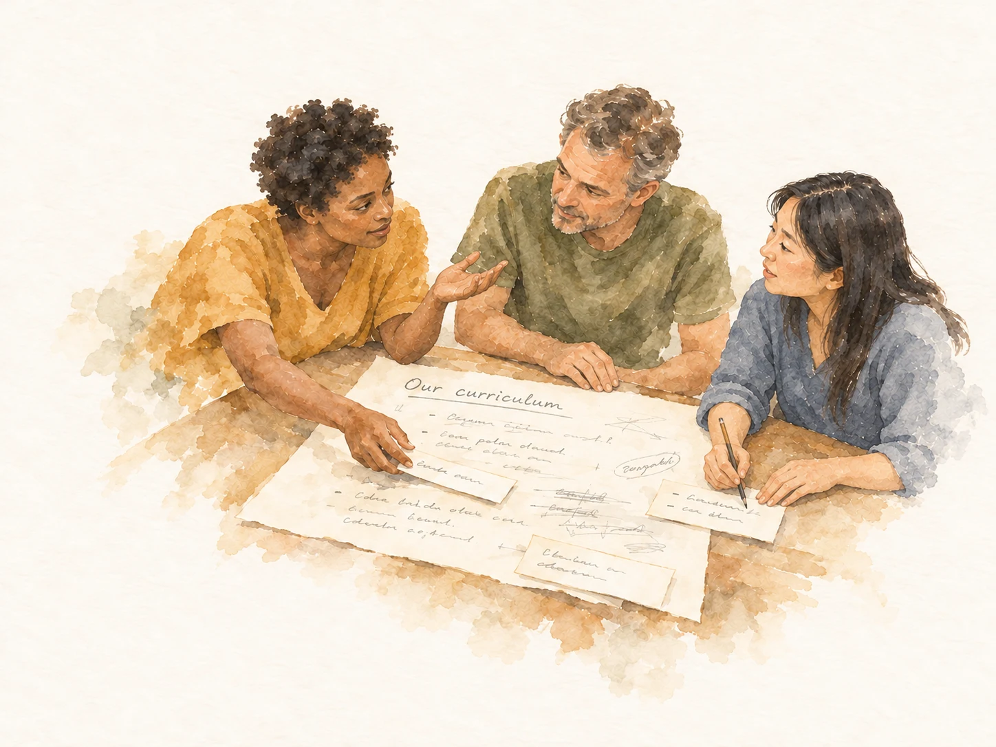 Watercolour of three people discussing and shaping a curriculum together around a table.
