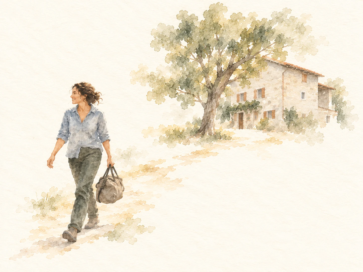 Watercolour of a person carrying a bag along a path away from the stone school house.
