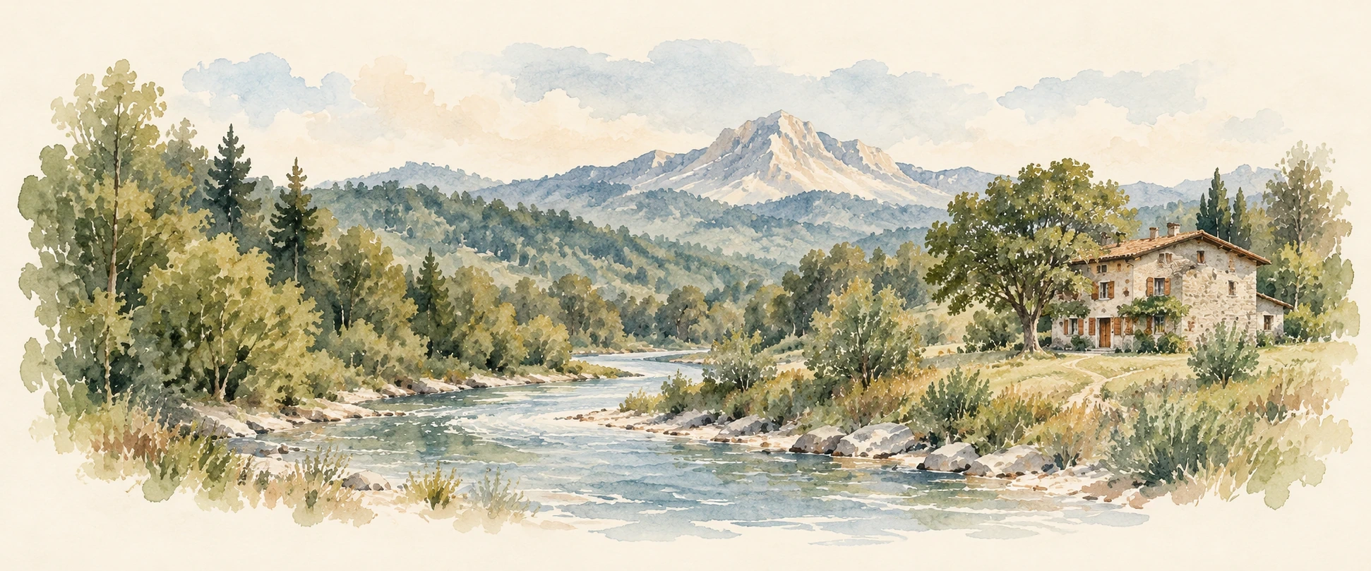 A watercolour landscape: a river, a forest and a mountain, with the School nestled among the trees.