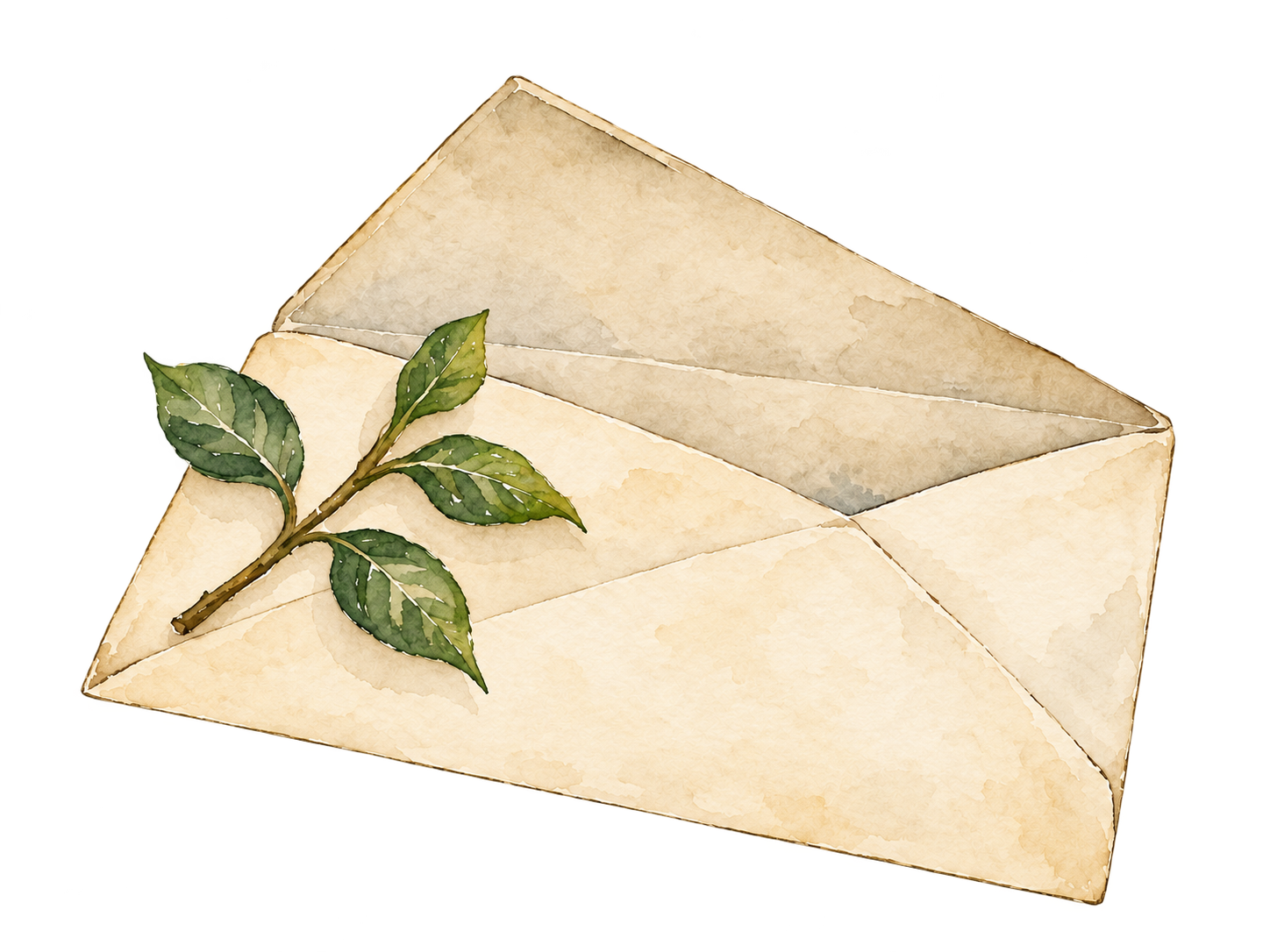 Watercolour of an open envelope with a leafy branch.