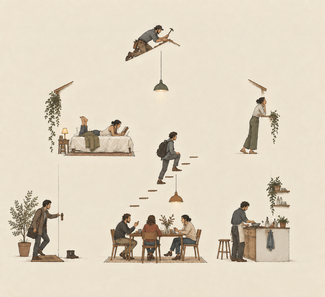 People go about everyday activities across a two-storey home suggested by partial stairs, roof fragments, lamps and domestic traces, while most walls remain absent.