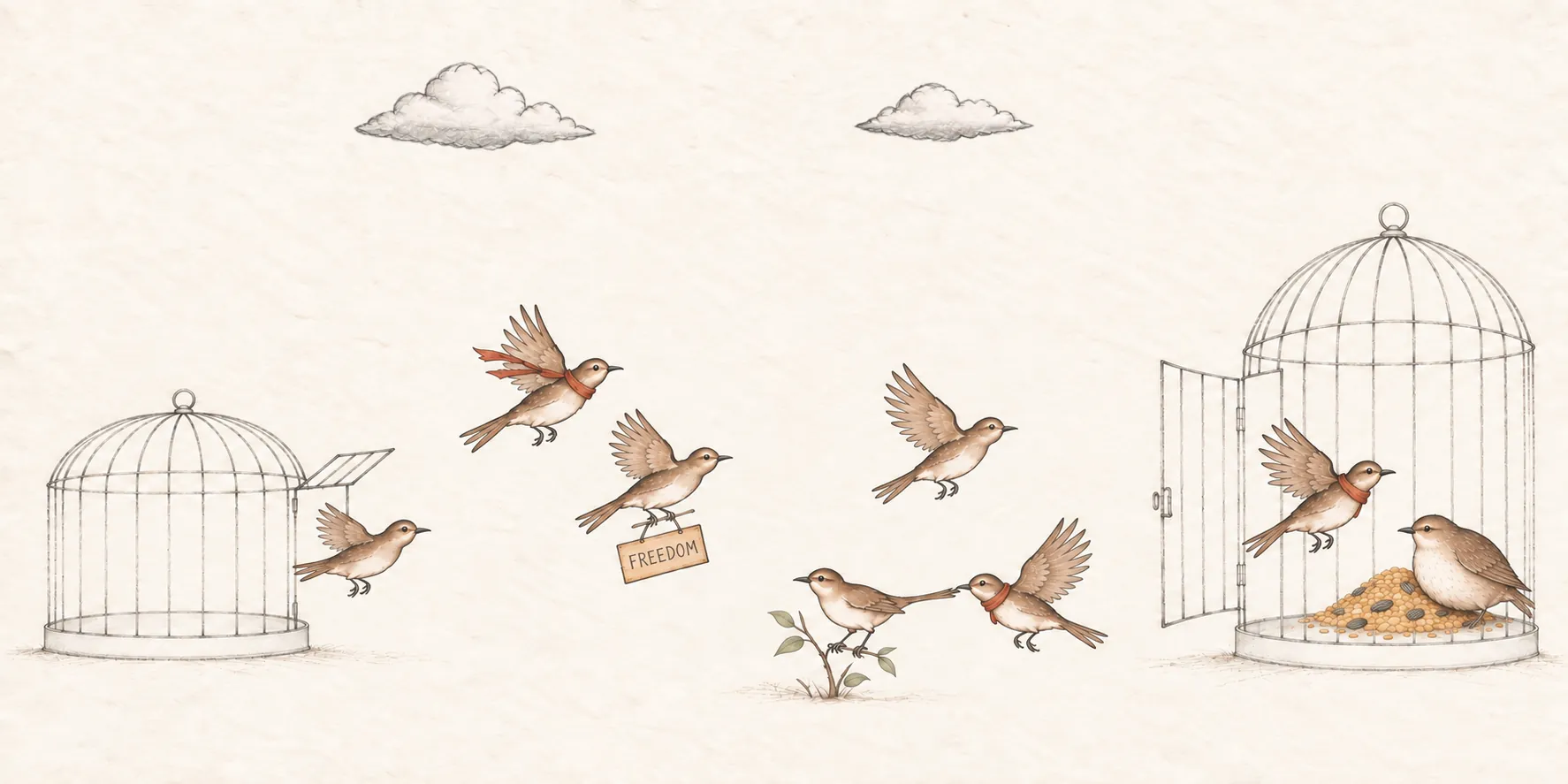 Birds carrying a ‘Freedom’ sign leave an open cage for a larger cage containing a plump bird and a pile of food. Outside, another bird tugs a perched bird towards the cage; clouds mark the open sky above.
