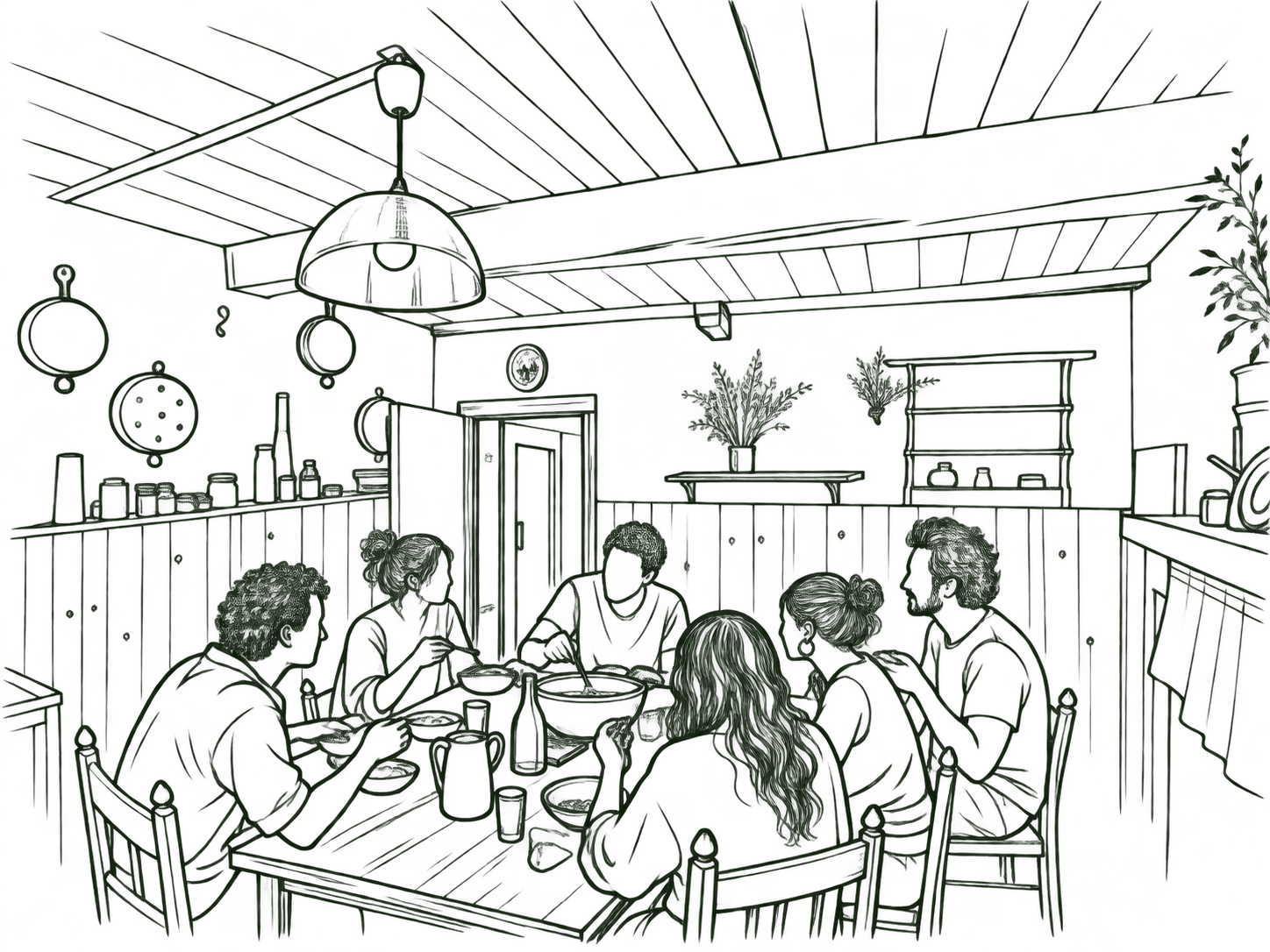 Fine-line drawing of people sharing a meal around a table in a room with exposed beams, pots and plants.