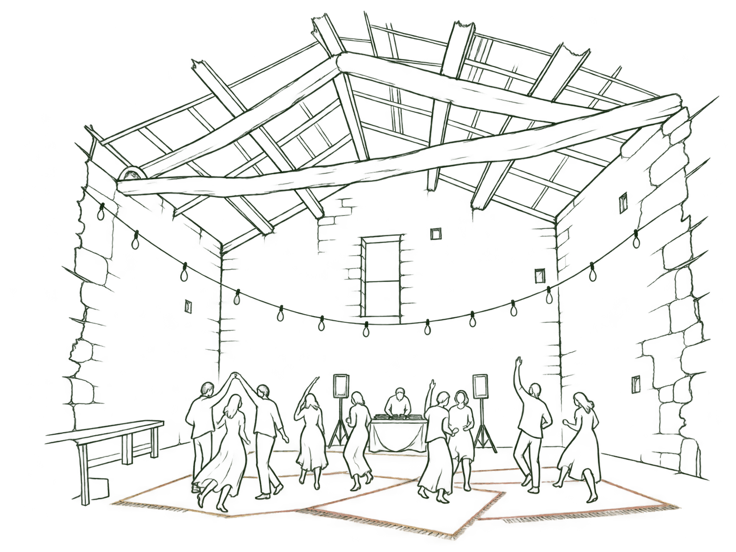 Fine-line drawing of people dancing in a barn with roof beams and hanging lights; the rugs retain faint colour.