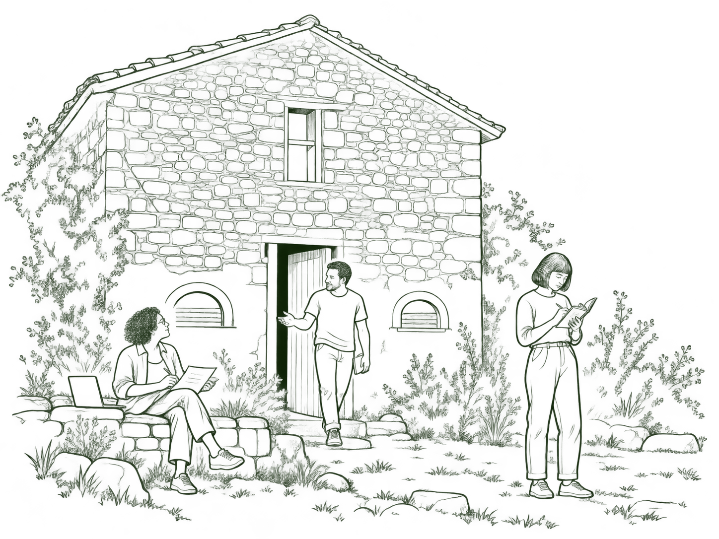 Fine-line drawing of a stone building surrounded by plants, with one person seated at a laptop and two people standing nearby.