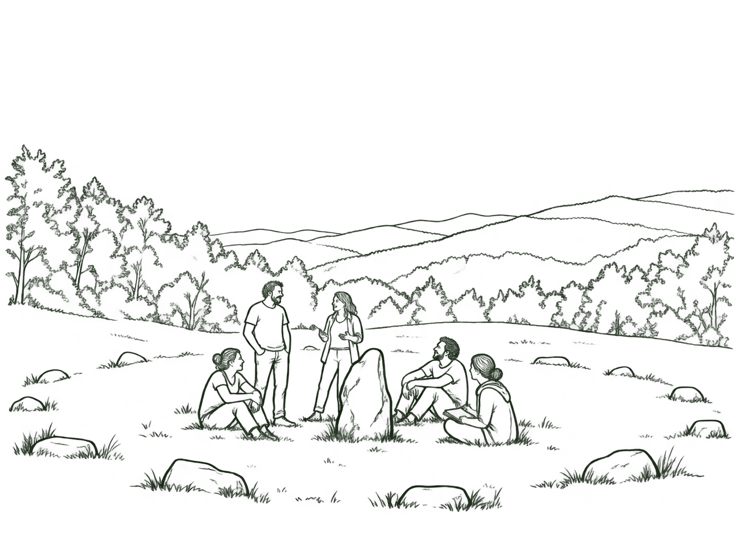 Fine-line drawing of people talking among stones in an open clearing, with trees and hills beyond.