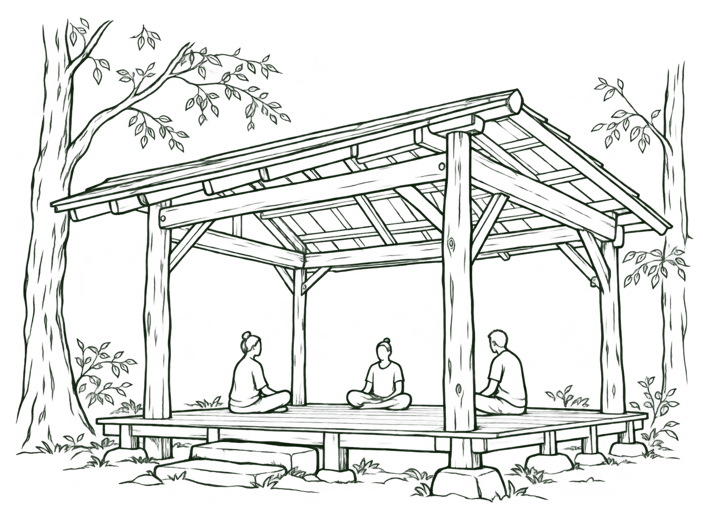 Fine-line drawing of three people sitting quietly in an imagined open wooden shelter among trees.