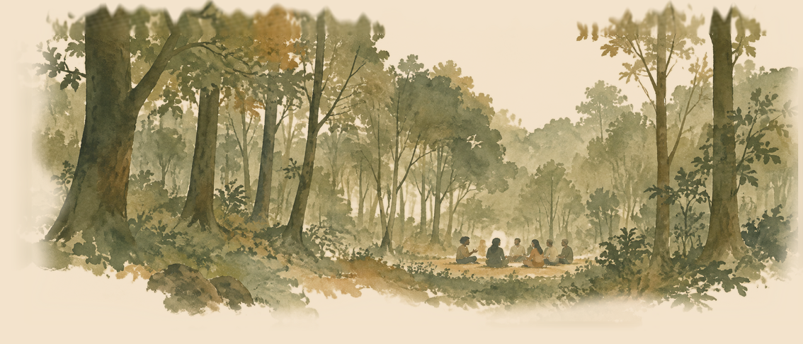 Watercolour of a small group gathered in conversation beneath tall trees in a forest.
