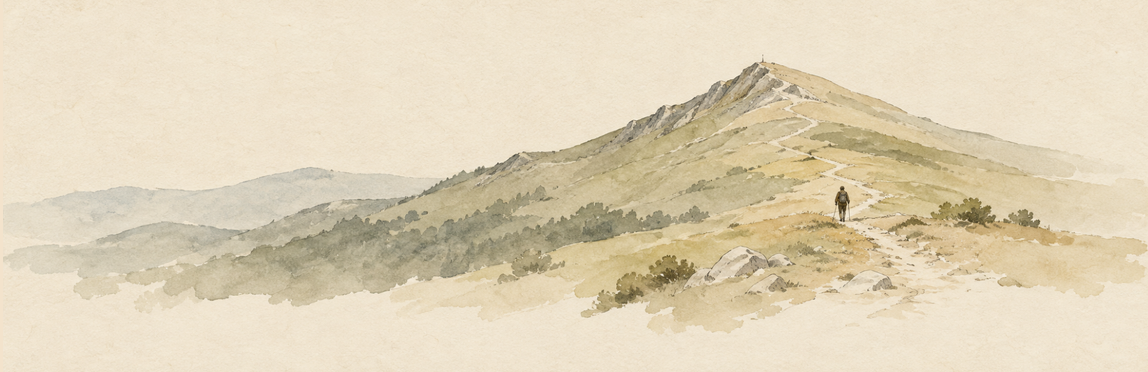 Watercolour of a solitary walker on a path climbing a mountain across open hills.