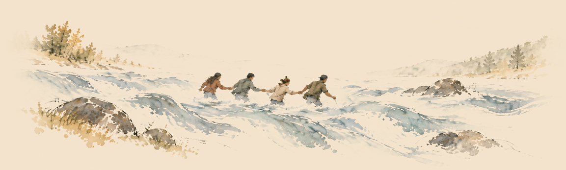 Watercolour of four people helping one another cross a wide, rushing river.