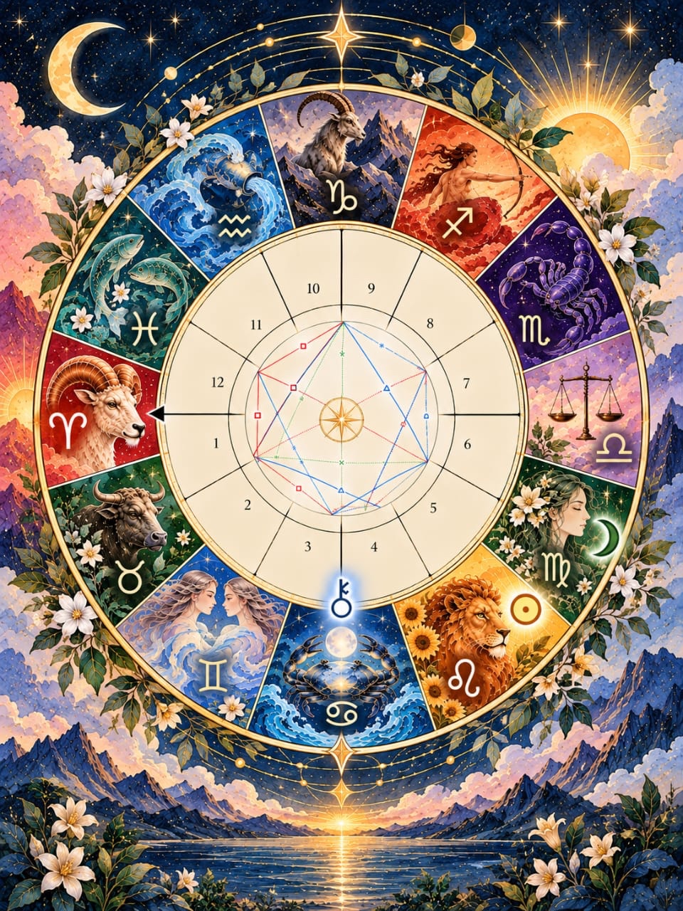 Astrological illustration with a zodiac wheel, stars, mountains and sea.