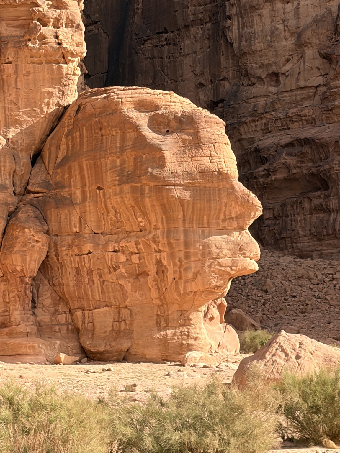 A weathered reddish stone formation standing before a rocky cliff.