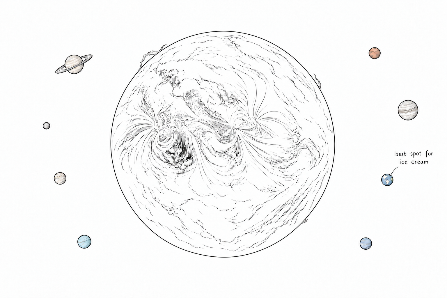 An enormous delicately lined swirling sphere surrounded by small planets. A tiny blue Earth is marked with the handwritten note 'best spot for ice cream'.